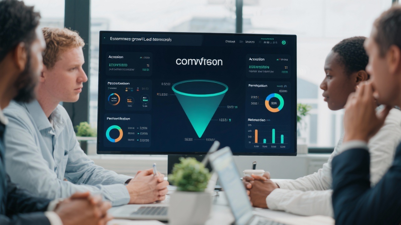E-commerce growth lead monitoring conversion funnel dashboard with acquisition, activation, and retention metrics during performance meeting.