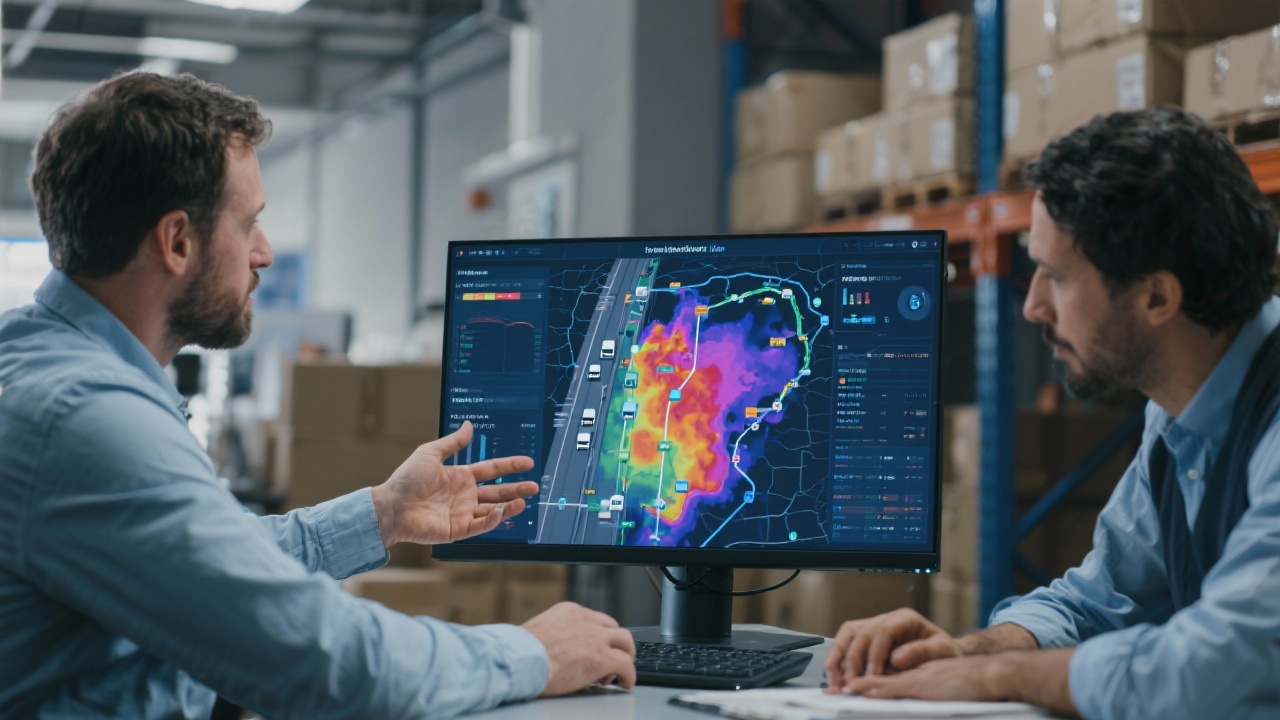 Logistics planner reviewing transportation efficiency heatmap on large monitor while discussing route optimisation insights with warehouse supervisor.