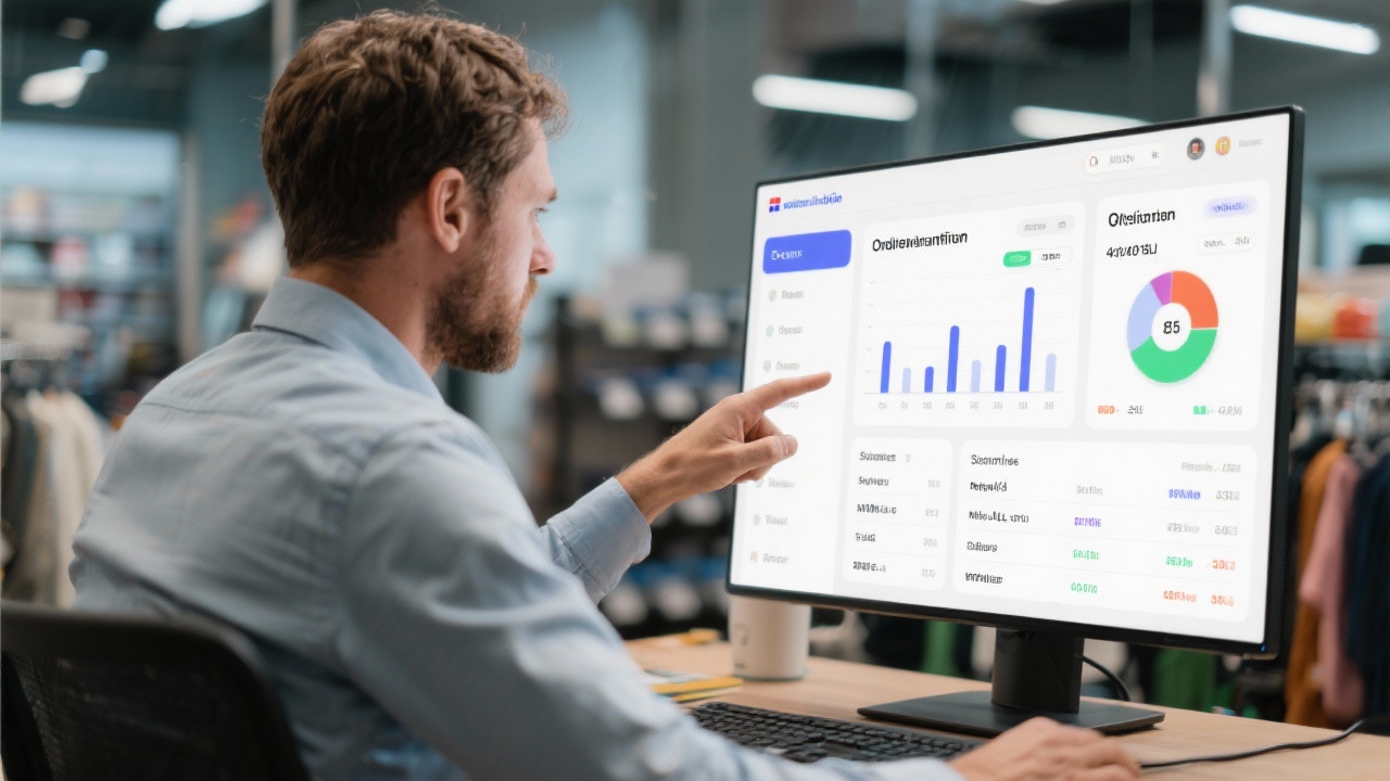 Retail operations manager analysing replenishment dashboard displaying stock levels, margins, and supplier SLAs within a Dutch omnichannel environment.