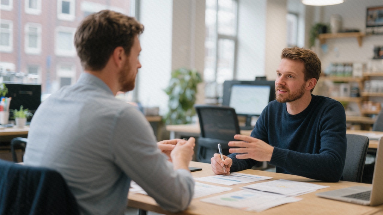 Analytics consultant discussing project requirements with Dutch small business owner during intake meeting in Amsterdam workspace.