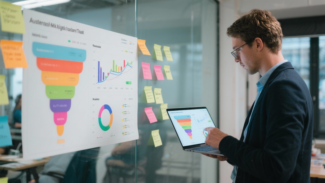 Data strategist reviewing colourful revenue funnel dashboard on laptop while standing beside glass wall with sticky notes during Amsterdam mkb digital transformation workshop.