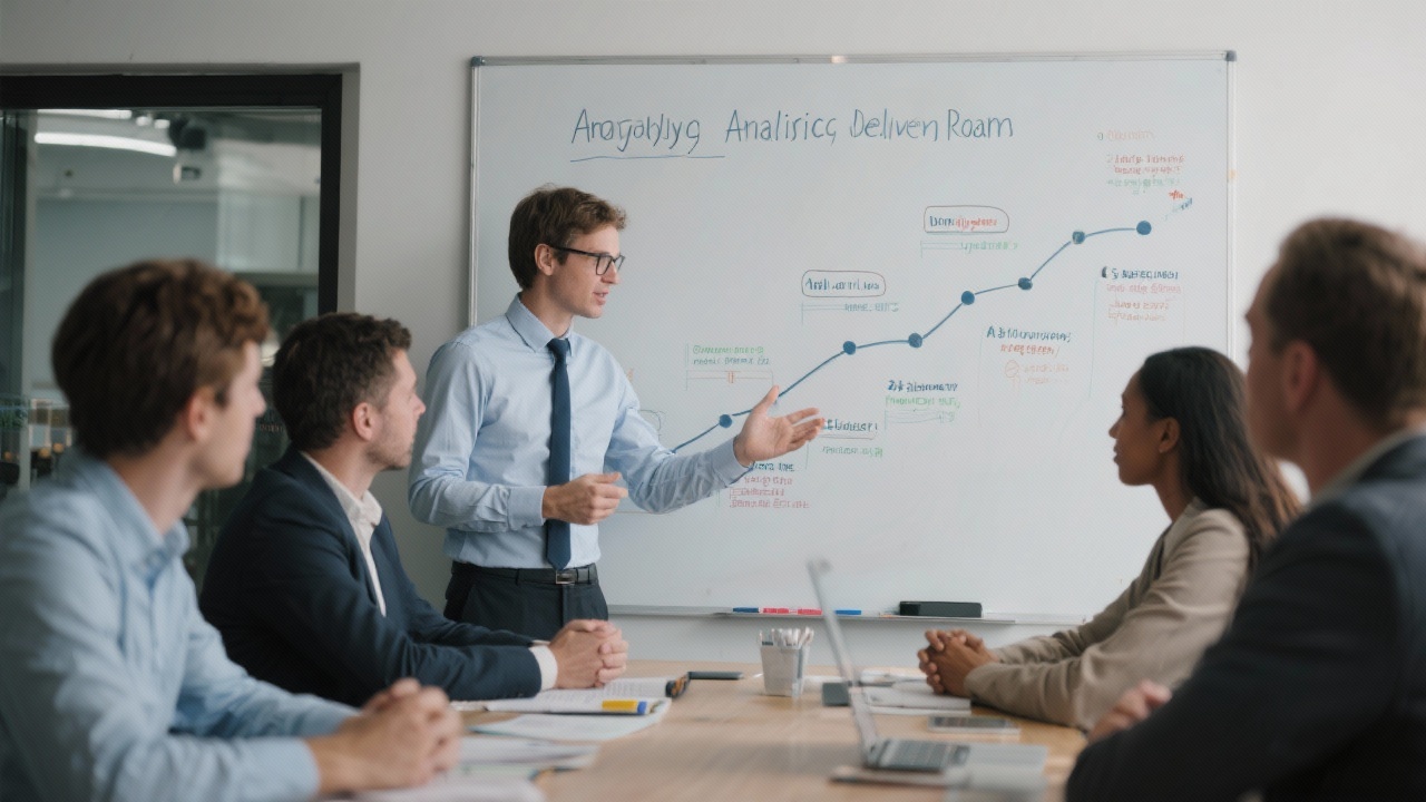 Cross-functional Amsterdam analytics team collaborating around large screen showing workflow diagrams and delivery timeline for mkb data transformation project.